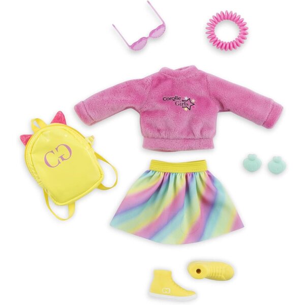 Corolle 7-teiliges Mädchen-Kleidungsset mit Regenbogenpullover und Rock für 28-cm-Puppen