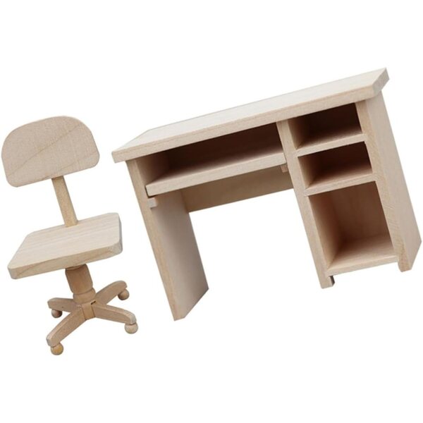 GARVALON Mini-Möbelset aus Holz für Puppenhäuser: handgefertigter Schreibtisch und Stuhl in Khaki