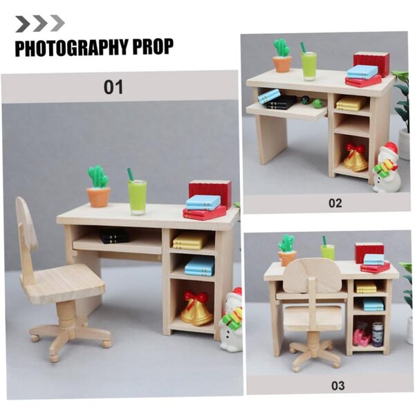 GARVALON Mini-Möbelset aus Holz für Puppenhäuser: handgefertigter Schreibtisch und Stuhl in Khaki