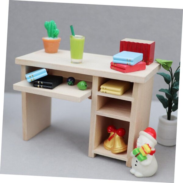 GARVALON Mini-Möbelset aus Holz für Puppenhäuser: handgefertigter Schreibtisch und Stuhl in Khaki