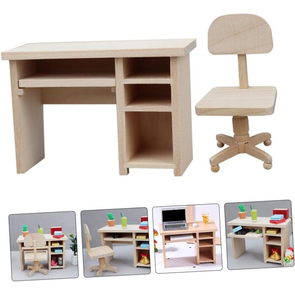 GARVALON Mini-Möbelset aus Holz für Puppenhäuser: handgefertigter Schreibtisch und Stuhl in Khaki
