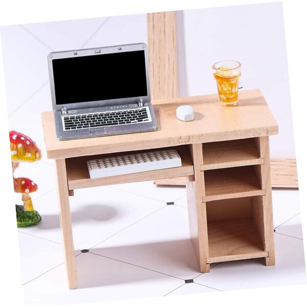 GARVALON Mini-Möbelset aus Holz für Puppenhäuser: handgefertigter Schreibtisch und Stuhl in Khaki