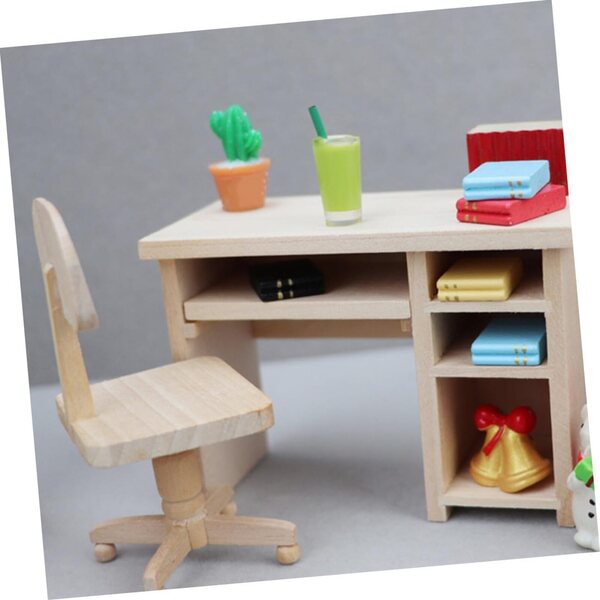 GARVALON Mini-Möbelset aus Holz für Puppenhäuser: handgefertigter Schreibtisch und Stuhl in Khaki