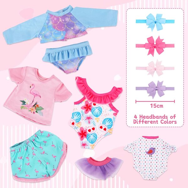 Set 4 pezzi abiti estivi per bambole 14-18 pollici con accessori colorati e morbidi