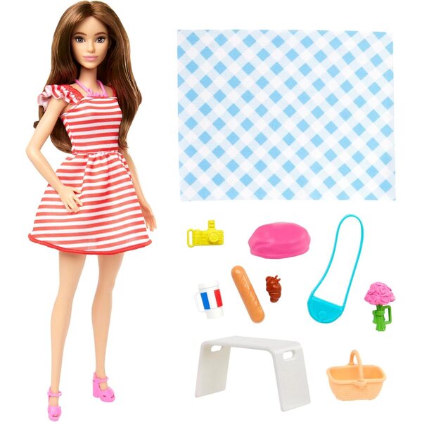 Barbie Paris Adventure mit Piknik-Set, elegantem Kleid und komplettem Zubehör