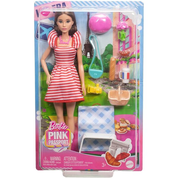 Barbie Paris Adventure mit Piknik-Set, elegantem Kleid und komplettem Zubehör