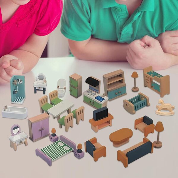 Holzmöbel-Set für Puppenhaus | Sicheres und detailliertes Spielzeug für Kinder