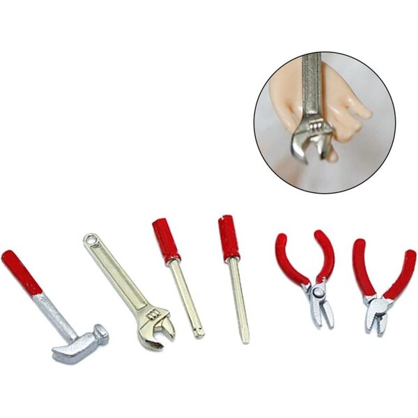 Set mit 6 Mini-Puppenhauswerkzeugen 1:12 – Hammer, Schraubenschlüssel, Schraubendreher, Schere