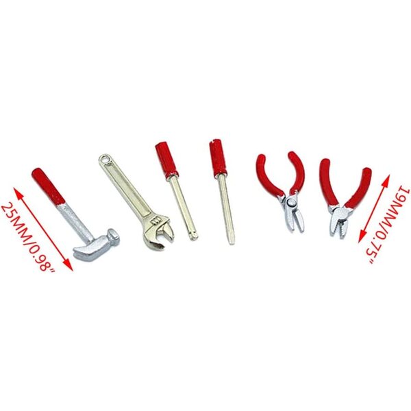 Set mit 6 Mini-Puppenhauswerkzeugen 1:12 – Hammer, Schraubenschlüssel, Schraubendreher, Schere