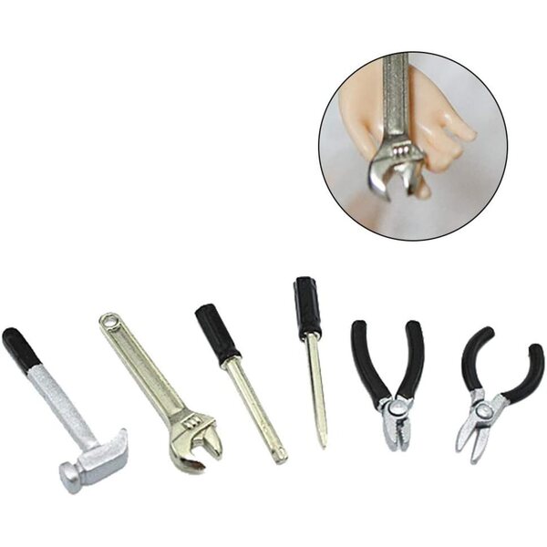 Set mit 6 Mini-Puppenhauswerkzeugen 1:12 – Hammer, Schraubenschlüssel, Schraubendreher, Schere
