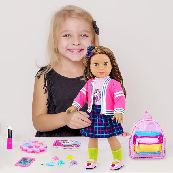 Britisches Modeset für 18-Zoll-Puppen mit 14 Schulaccessoires und Make-up