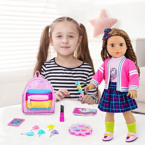 Britisches Modeset für 18-Zoll-Puppen mit 14 Schulaccessoires und Make-up