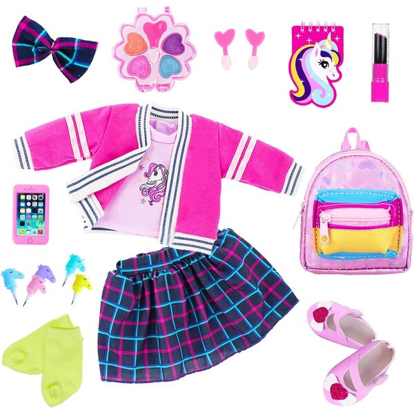 Britisches Modeset für 18-Zoll-Puppen mit 14 Schulaccessoires und Make-up