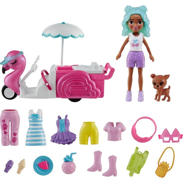 Polly Pocket Snackwagen mit Puppe, 17 Accessoires und Kleidung, Spiel für Kinder ab 4 Jahren