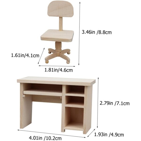 BESPORTBLE Set mini scrivania e sedia in legno per casa delle bambole 1:12