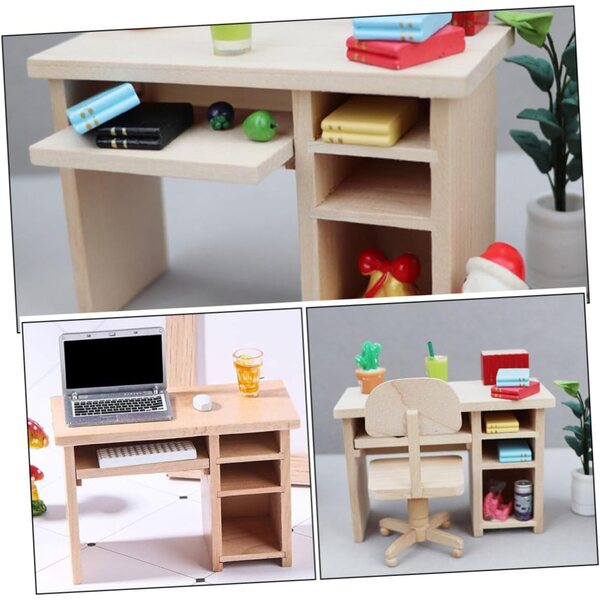 BESPORTBLE Set mini scrivania e sedia in legno per casa delle bambole 1:12