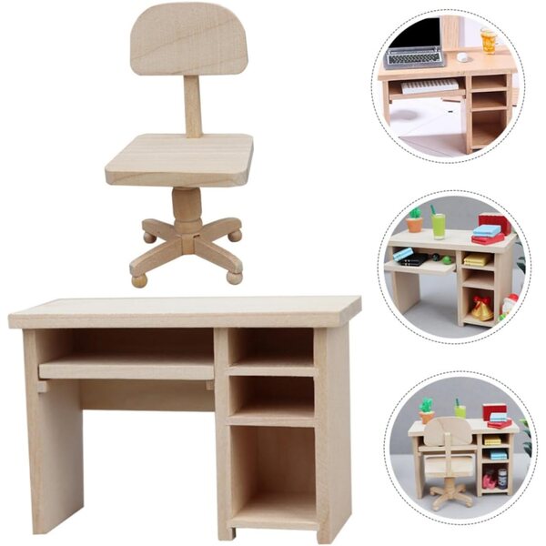 BESPORTBLE Set mini scrivania e sedia in legno per casa delle bambole 1:12