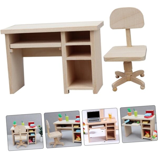 BESPORTBLE Set mini scrivania e sedia in legno per casa delle bambole 1:12