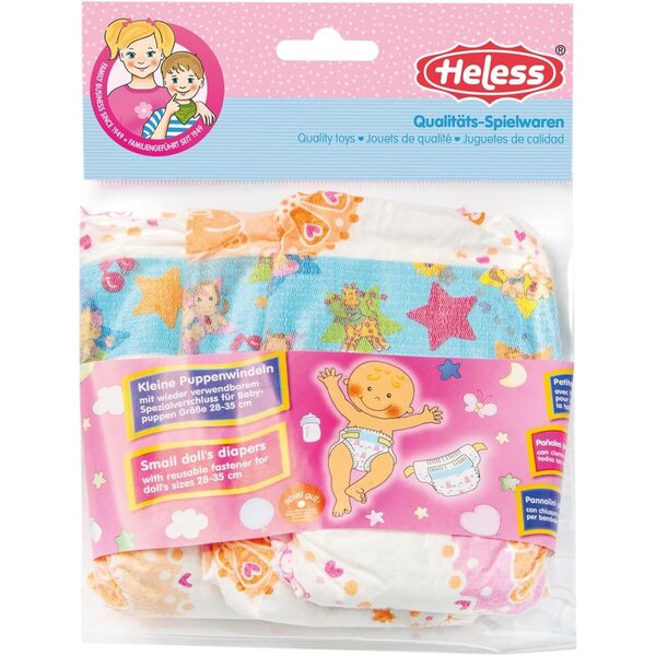 Heless 375 - Set di 3 pannolini per bambole con chiusura a velcro e stampa colorata 28-35 cm