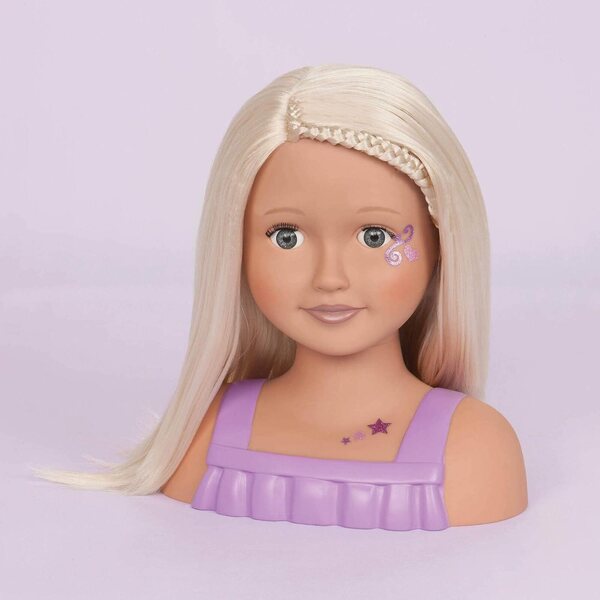 Unsere Generation Trista-Kopf-Styling-Puppe mit blonden Haaren und blauen Augen, Haarschmuck und Aufklebern