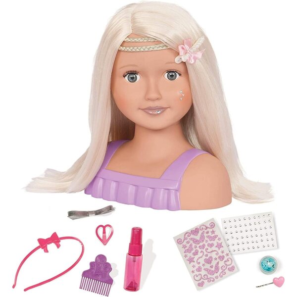 Unsere Generation Trista-Kopf-Styling-Puppe mit blonden Haaren und blauen Augen, Haarschmuck und Aufklebern