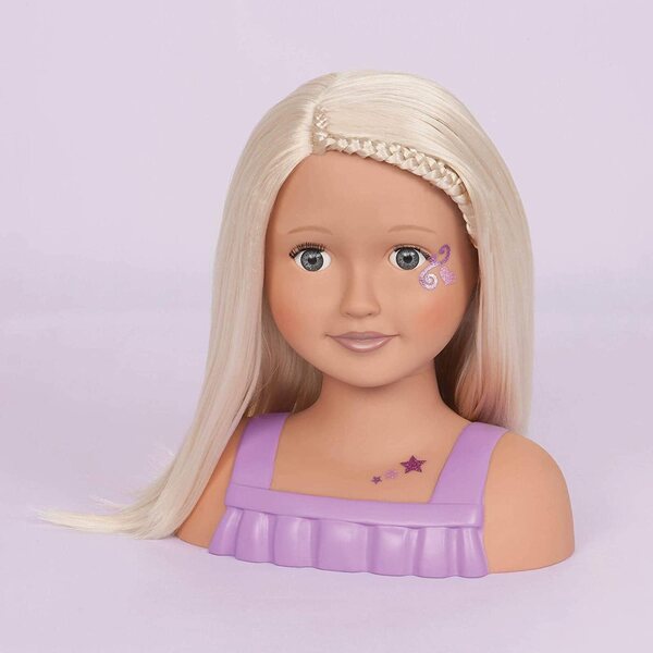 Unsere Generation Trista-Kopf-Styling-Puppe mit blonden Haaren und blauen Augen, Haarschmuck und Aufklebern