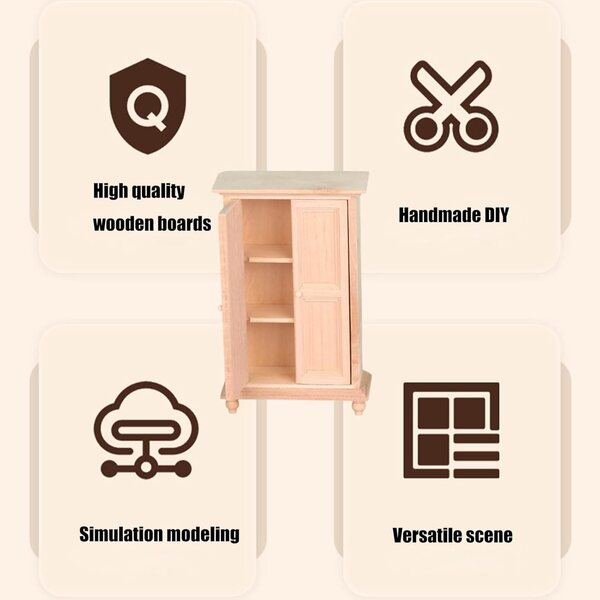 Antiker Miniatur-Kleiderschrank aus Holz im Maßstab 1:12 für Puppenhaus mit Doppeltür