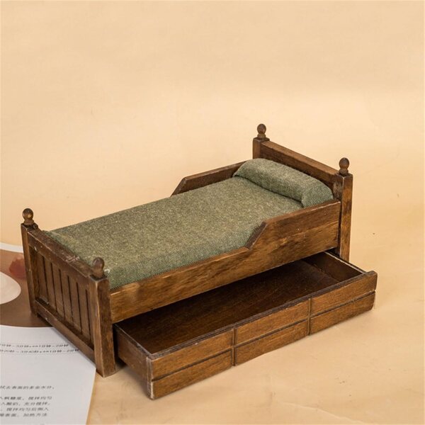 1:12 Vintage Holz-Miniatur-Schlafzimmer-Set mit Kissen und Schublade