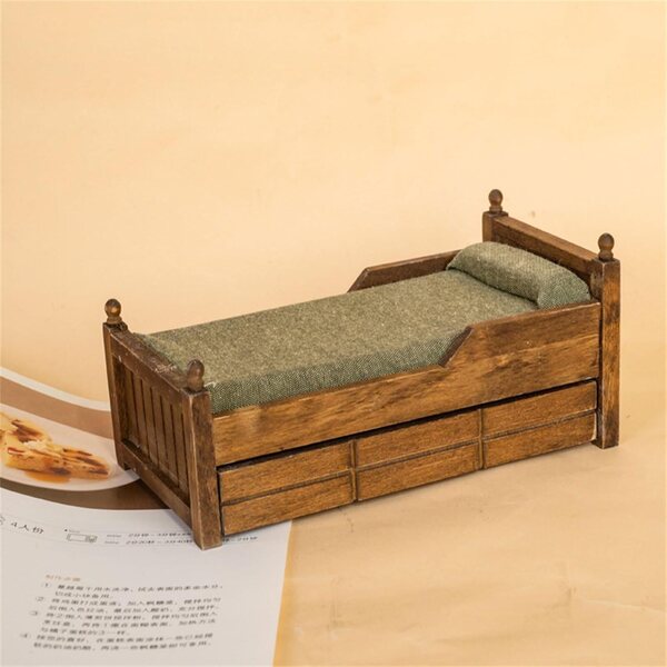 1:12 Vintage Holz-Miniatur-Schlafzimmer-Set mit Kissen und Schublade