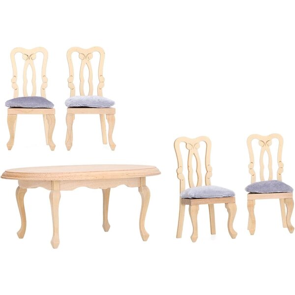Set mini sedia e tavolo 1:12 in legno betulla per casa bambole - 4 sedie con cuscini