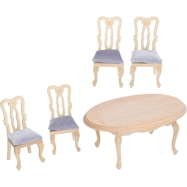 Set mini sedia e tavolo 1:12 in legno betulla per casa bambole - 4 sedie con cuscini