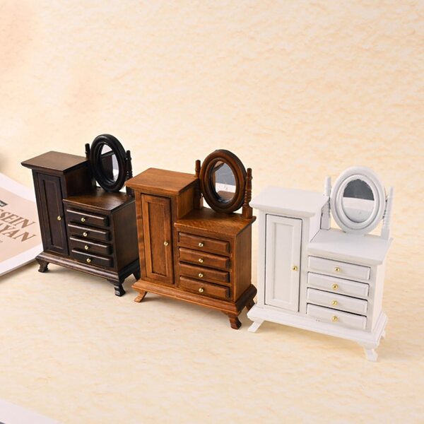 Vintage Miniatur Schminktisch aus Holz 1:16 für Puppenhäuser mit funktionellen Schubladen