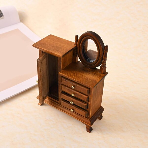 Vintage Miniatur Schminktisch aus Holz 1:16 für Puppenhäuser mit funktionellen Schubladen