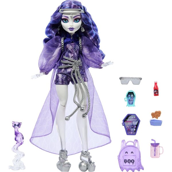 Monster High Spectra Vondergeist Puppe mit Zubehör, Rucksack und Haustier Rhuen