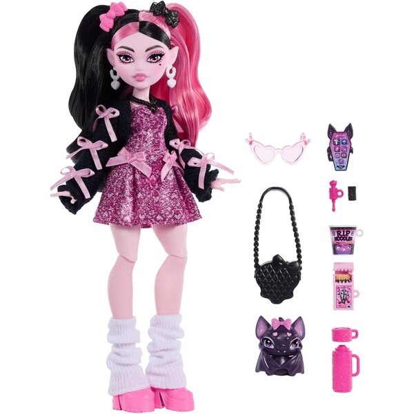 Monster High Draculaura avec robe rose, accessoires et chauve-souris Count Fabulous