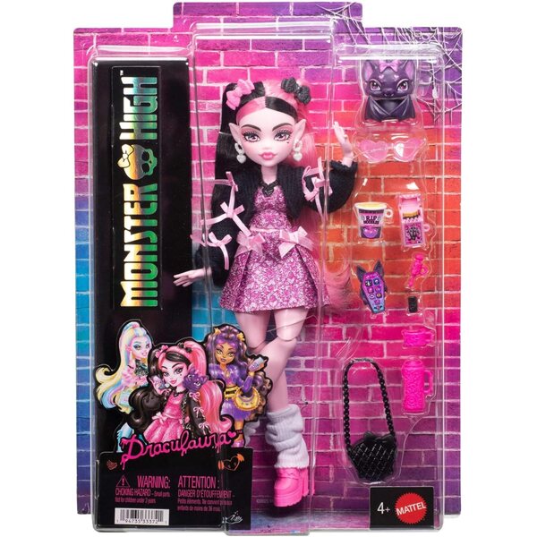 Monster High Draculaura avec robe rose, accessoires et chauve-souris Count Fabulous