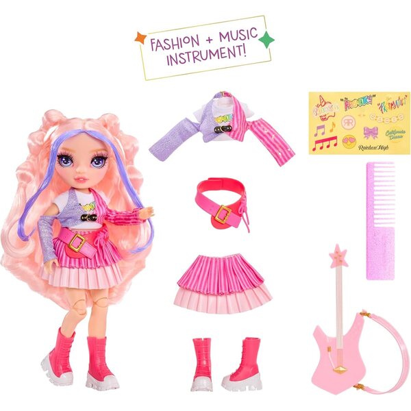 Rainbow High Junior Rock Band Bella - Bambola Moda 23 cm con BassGuitar e Adesivi Personalizzabili