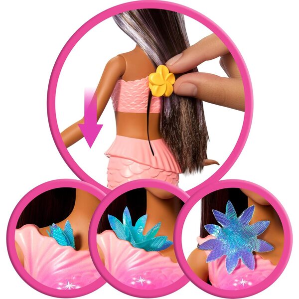 Barbie-Meerjungfrau mit magischer Blume, Schwanz mit schattiertem Effekt und perlmuttfarbenem Stirnband