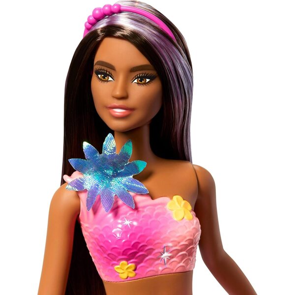 Barbie-Meerjungfrau mit magischer Blume, Schwanz mit schattiertem Effekt und perlmuttfarbenem Stirnband