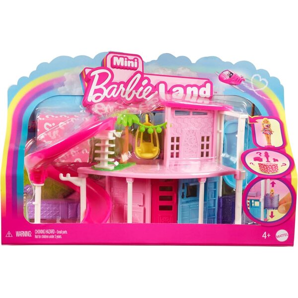 Mini BarbieLand Puppenhaus-Set mit 4 cm Puppe, Lift, Rutsche und Pool, 4+