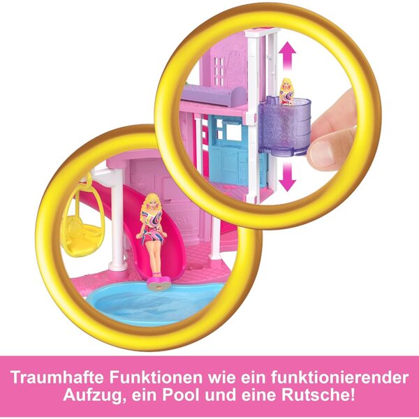 Mini BarbieLand Puppenhaus-Set mit 4 cm Puppe, Lift, Rutsche und Pool, 4+