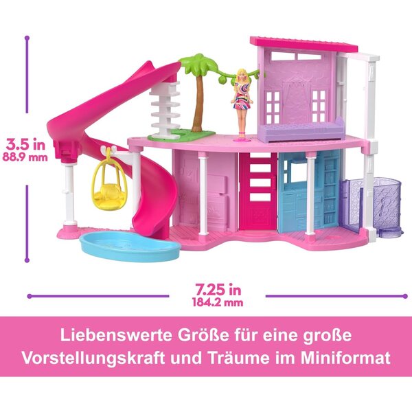 Mini BarbieLand Puppenhaus-Set mit 4 cm Puppe, Lift, Rutsche und Pool, 4+
