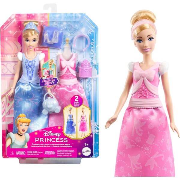 Mattel Disney Cinderella Pupa 2-in-1 con 9 Accessori, 2 Look e Abiti Clip-On