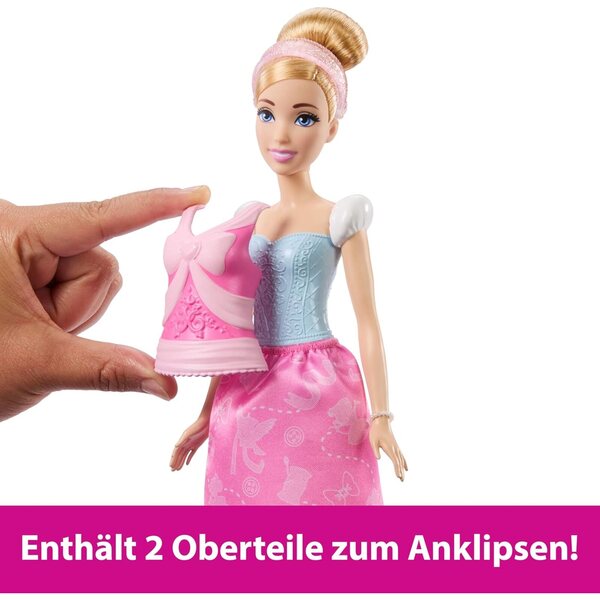 Mattel Disney Cinderella Pupa 2-in-1 con 9 Accessori, 2 Look e Abiti Clip-On