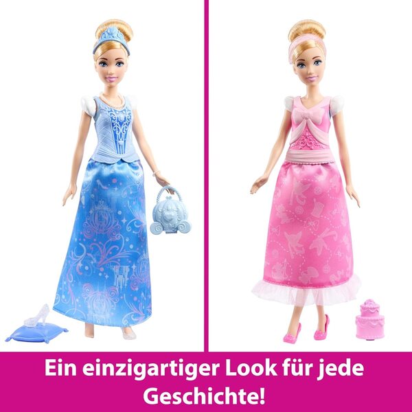 Mattel Disney Cinderella Pupa 2-in-1 con 9 Accessori, 2 Look e Abiti Clip-On