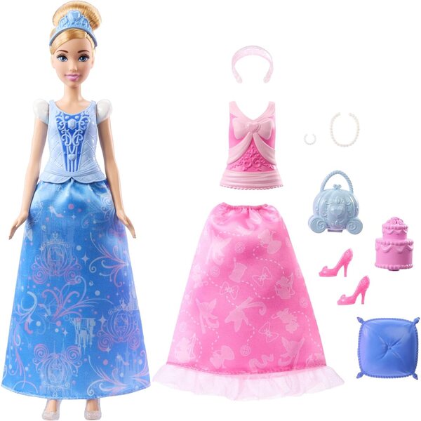 Mattel Disney Cinderella Pupa 2-in-1 con 9 Accessori, 2 Look e Abiti Clip-On