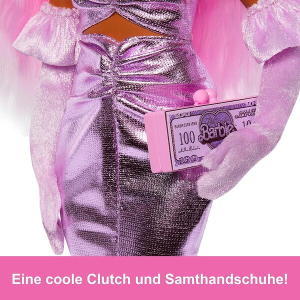 Barbie Deluxe Style mit Barbiecore Outfit, rosa Haaren und glamourösen Accessoires