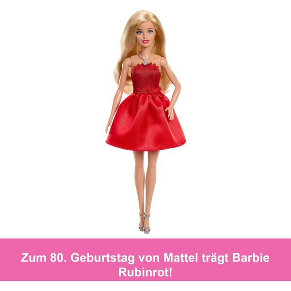 Barbie 80th Anniversary Mattel Red Ruby Doll mit silbernen Schuhen und Halskette