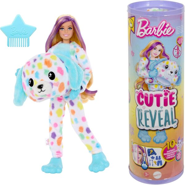 Barbie Cutie enthüllt einen Farbtraum mit 10 Überraschungen und einem Regenbogen-Dalmatiner-Plüschkostüm