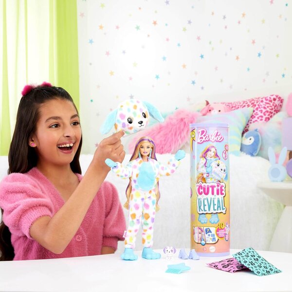 Barbie Cutie enthüllt einen Farbtraum mit 10 Überraschungen und einem Regenbogen-Dalmatiner-Plüschkostüm